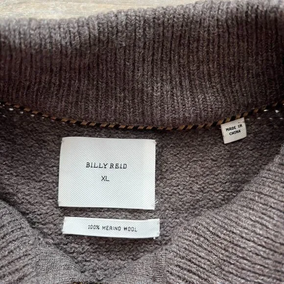 Billy Reid Merino Wool Mock Sweater $298 Gray Brown Quarter Zip XL Knit Pullover